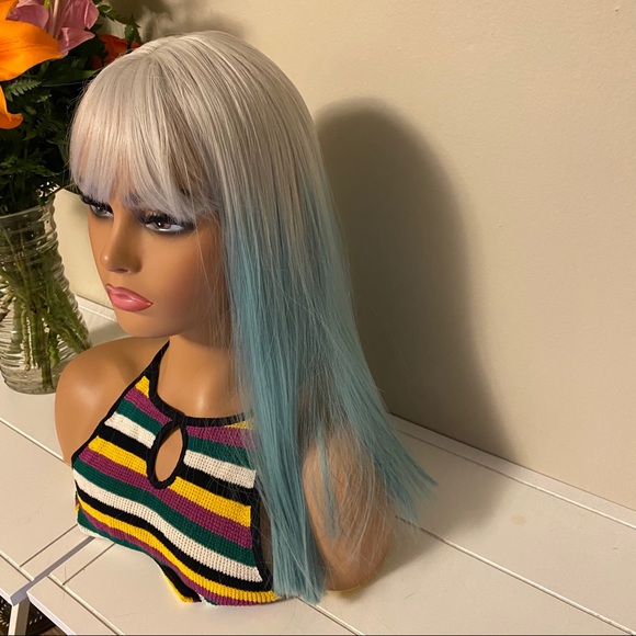 Silver to blue ombré bang straight wig - Picture 2 of 10